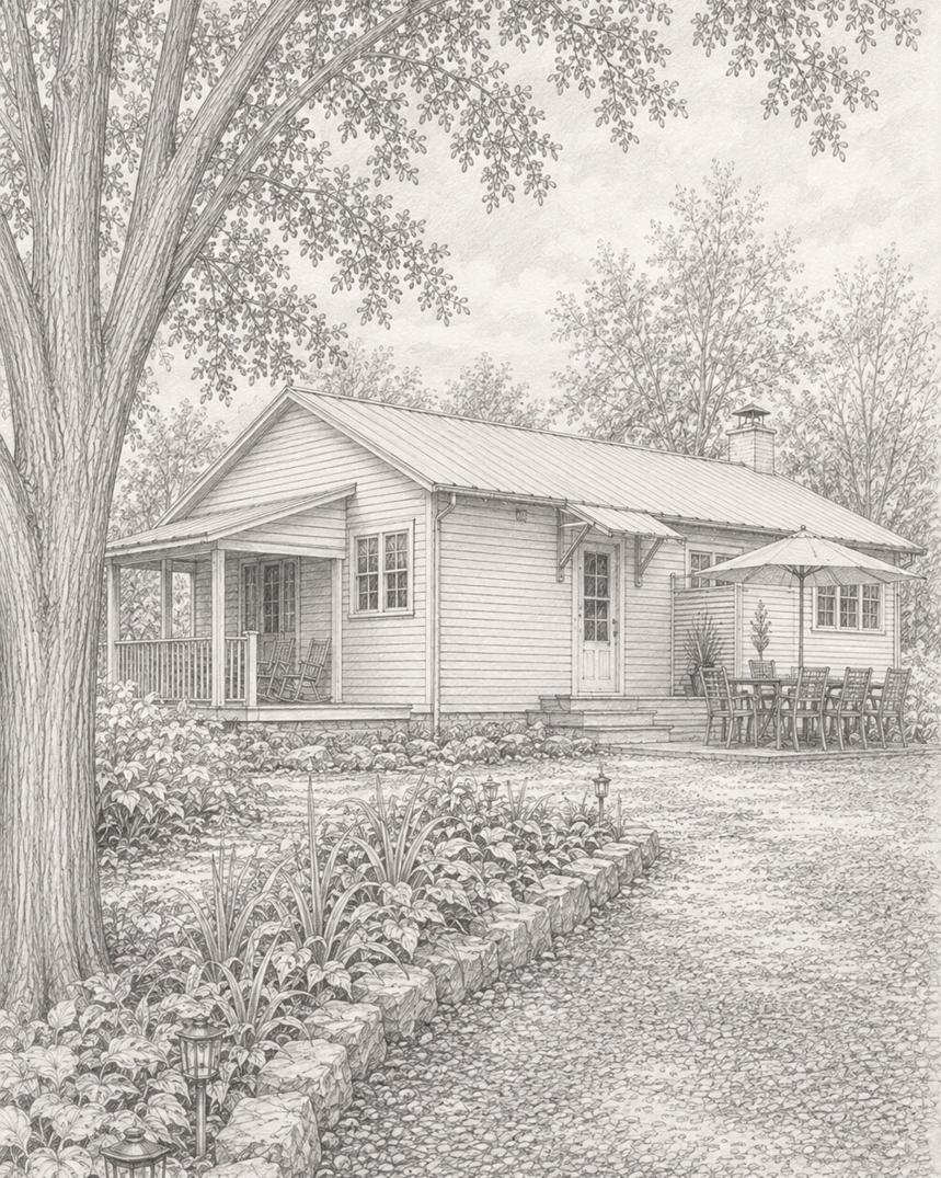 Ranch & Barn — graphite drawing of the house from the gravel drive of a Western Catskills, New York residence by SMS Interiors