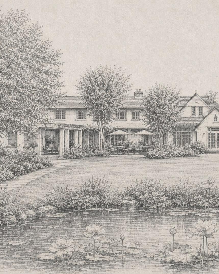 Tudor — graphite drawing of the garden front seen across the lily pond of an East Hampton, New York residence by SMS Interiors