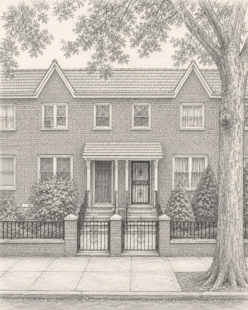 1930s Row House — graphite drawing of the brick entrance front, paired doorways beneath a shingled canopy and gabled dormers of a Queens, New York row house under construction by SMS Interiors