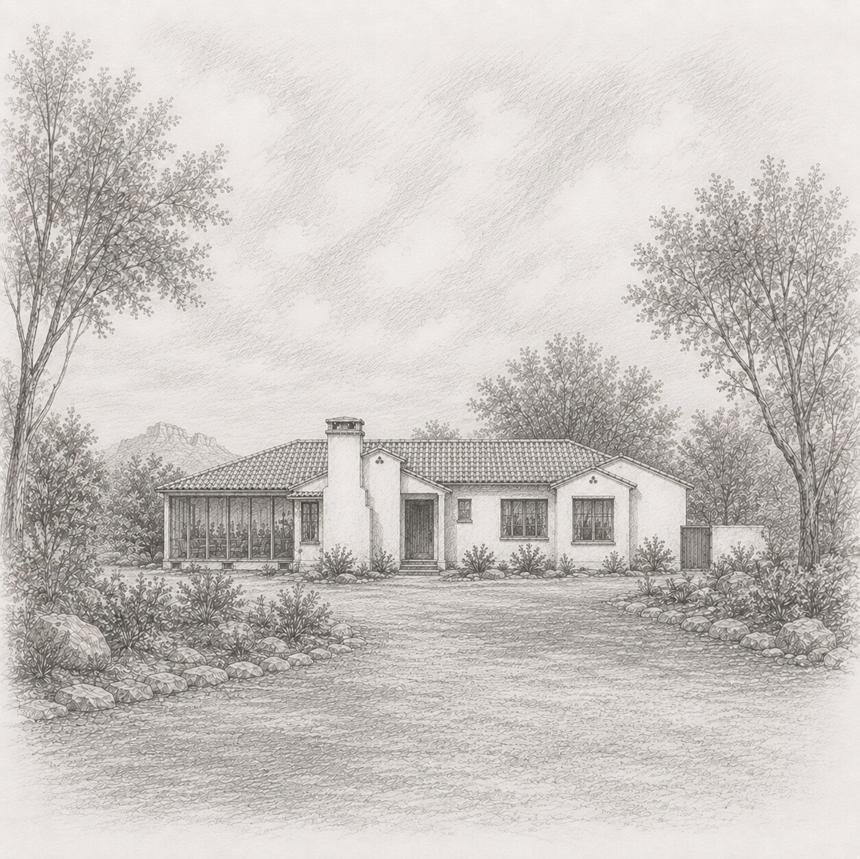 Desert Wabi-Sabi — graphite drawing of a single-storey stucco house with a clay-tile roof, glazed sunroom and recessed plank door, set among desert planting and rock below a distant butte, under construction in Sedona, Arizona, by SMS Interiors