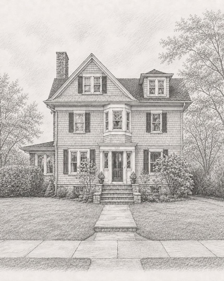 Victorian — graphite drawing of the shingled entrance front, bay window and gabled dormers of a Pelham Manor, New York residence under construction by SMS Interiors