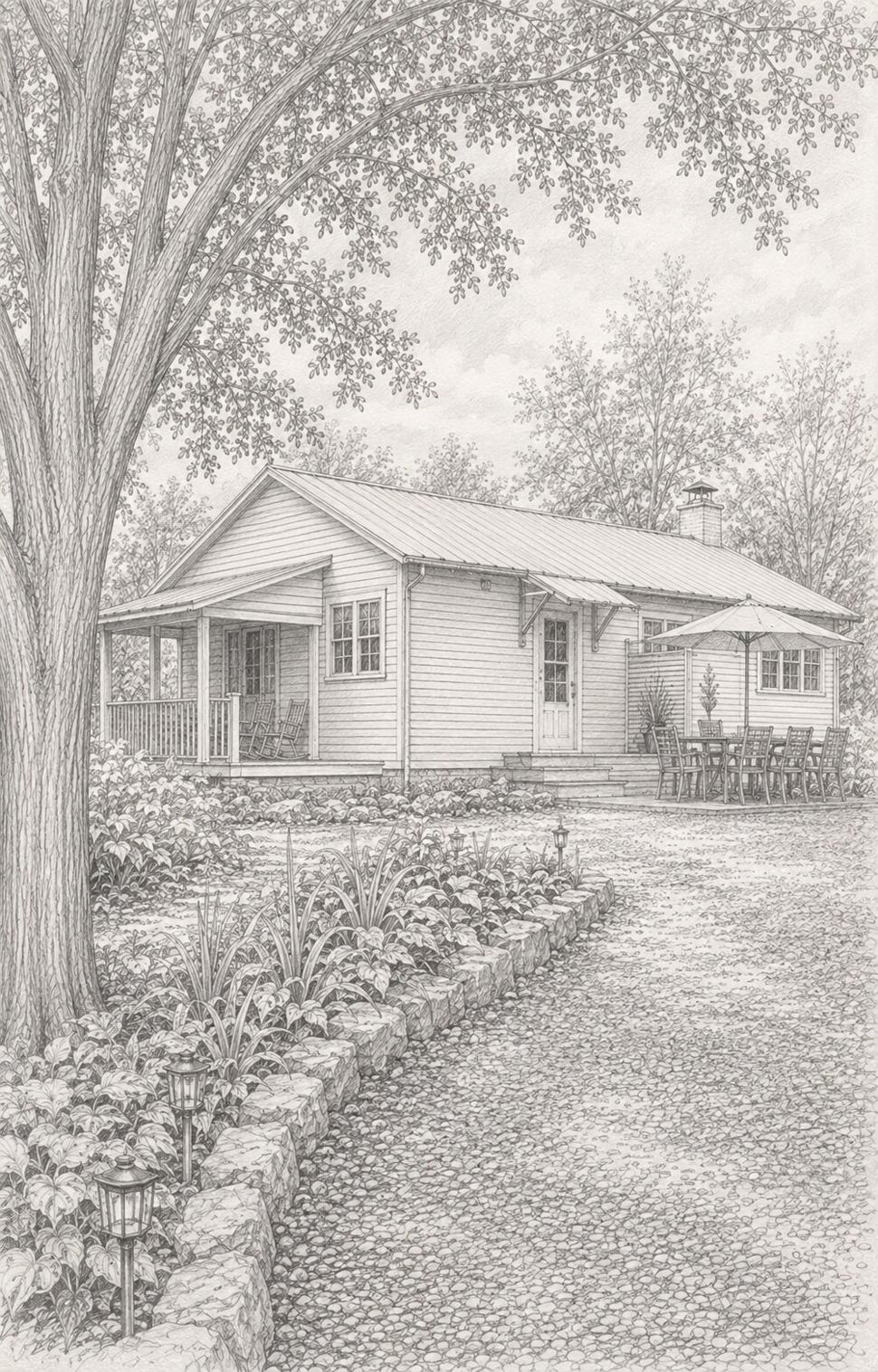 Ranch & Barn, Western Catskills — graphite drawing of the house seen from the gravel drive, with its long standing-seam roof, clapboard walls, deep covered porch, stone-edged perennial beds and woods behind