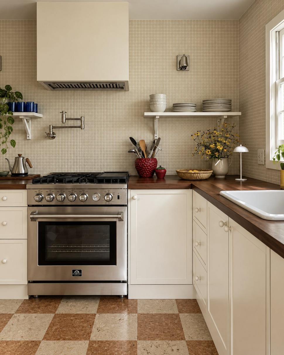 Ranch & Barn — kitchen in cream cabinetry and fine beige mosaic tile, with walnut counters, a stainless range, a pot filler, open shelves and a checkerboard floor