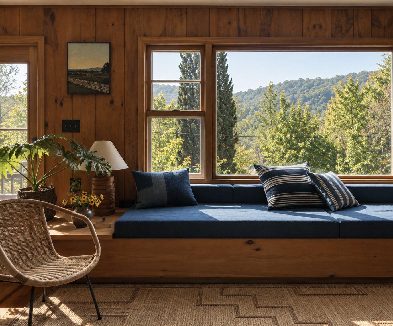 Ranch & Barn — pine-panelled window seat in navy linen beneath a wide window onto the hills, with a rattan chair, a wood-turned lamp and a pastoral painting