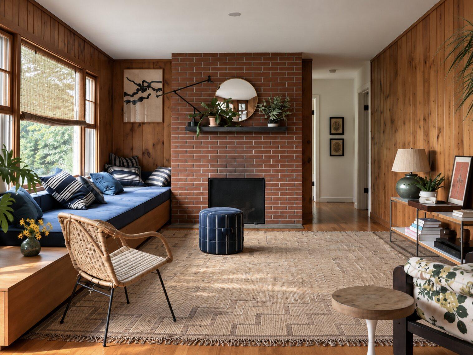 Ranch & Barn — living room with knotty-pine walls, a red-brick fireplace, a built-in daybed piled with navy striped cushions, a rattan chair and a flat-woven rug