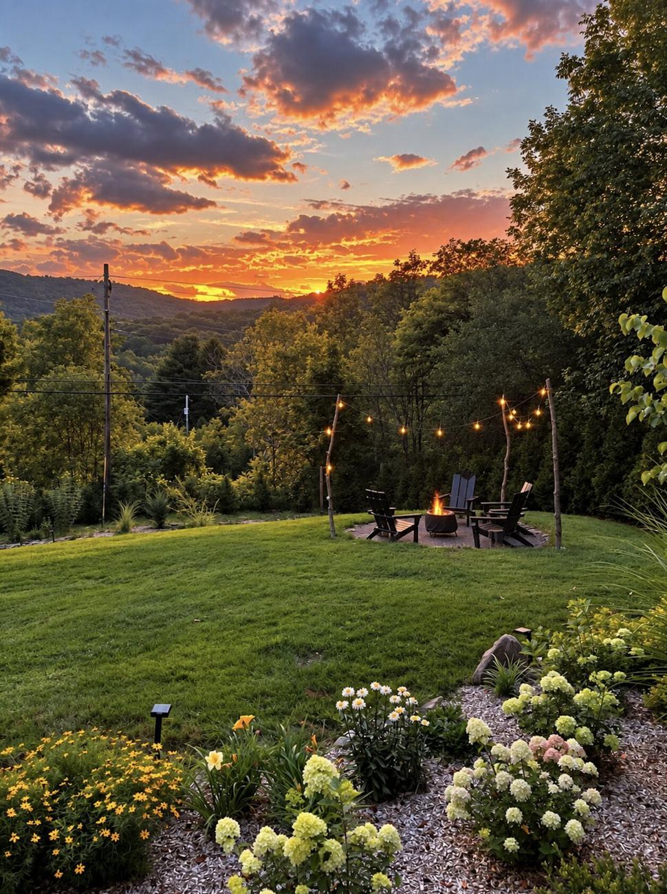 Ranch & Barn — fire pit ringed with Adirondack chairs beneath strung café lights at sunset, above beds of hydrangea and coreopsis