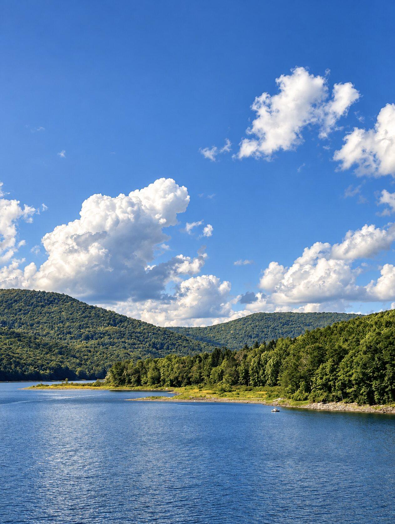 Ranch & Barn — the reservoir below the house, ringed by forested Catskill hills under a summer sky