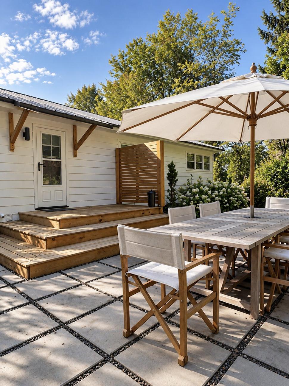 Ranch & Barn — teak dining table and director’s chairs under a white market umbrella on a gravel-jointed paver terrace beside the back steps