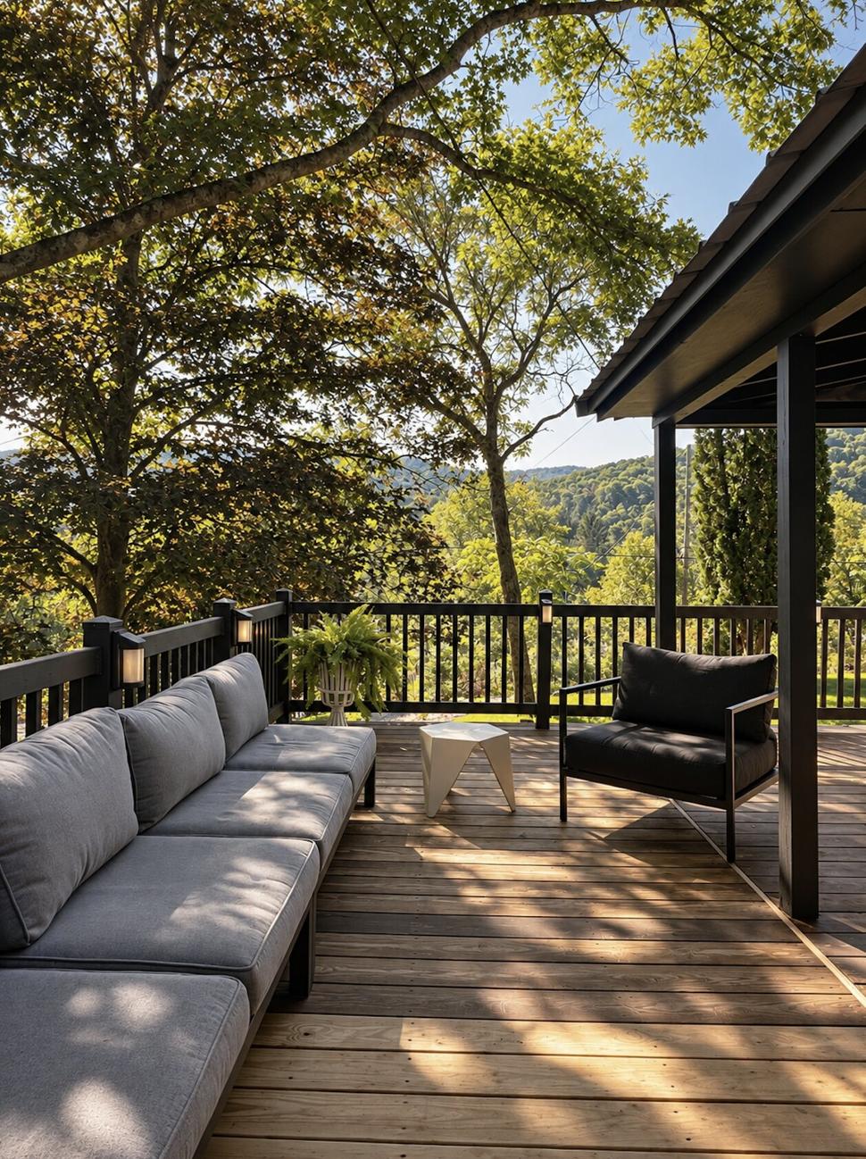 Ranch & Barn — covered deck with a long grey cushioned sofa and black lounge chair, looking out to the wooded hills