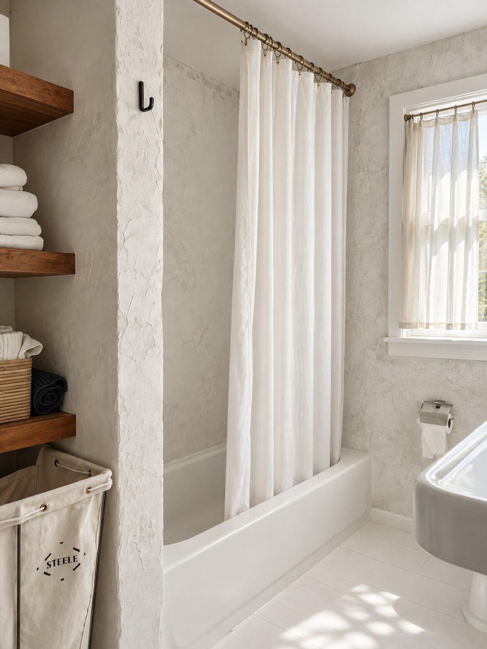 Ranch & Barn — bath in limewashed plaster with a white linen shower curtain on a brass rod, open wood shelves and a canvas laundry bin