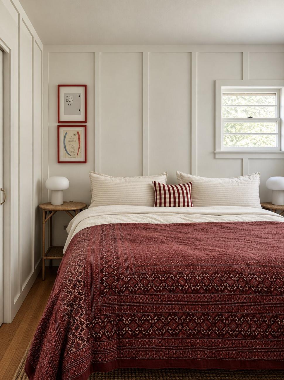 Ranch & Barn — white board-and-batten bedroom with a deep red block-printed coverlet, mushroom lamps and red-framed prints