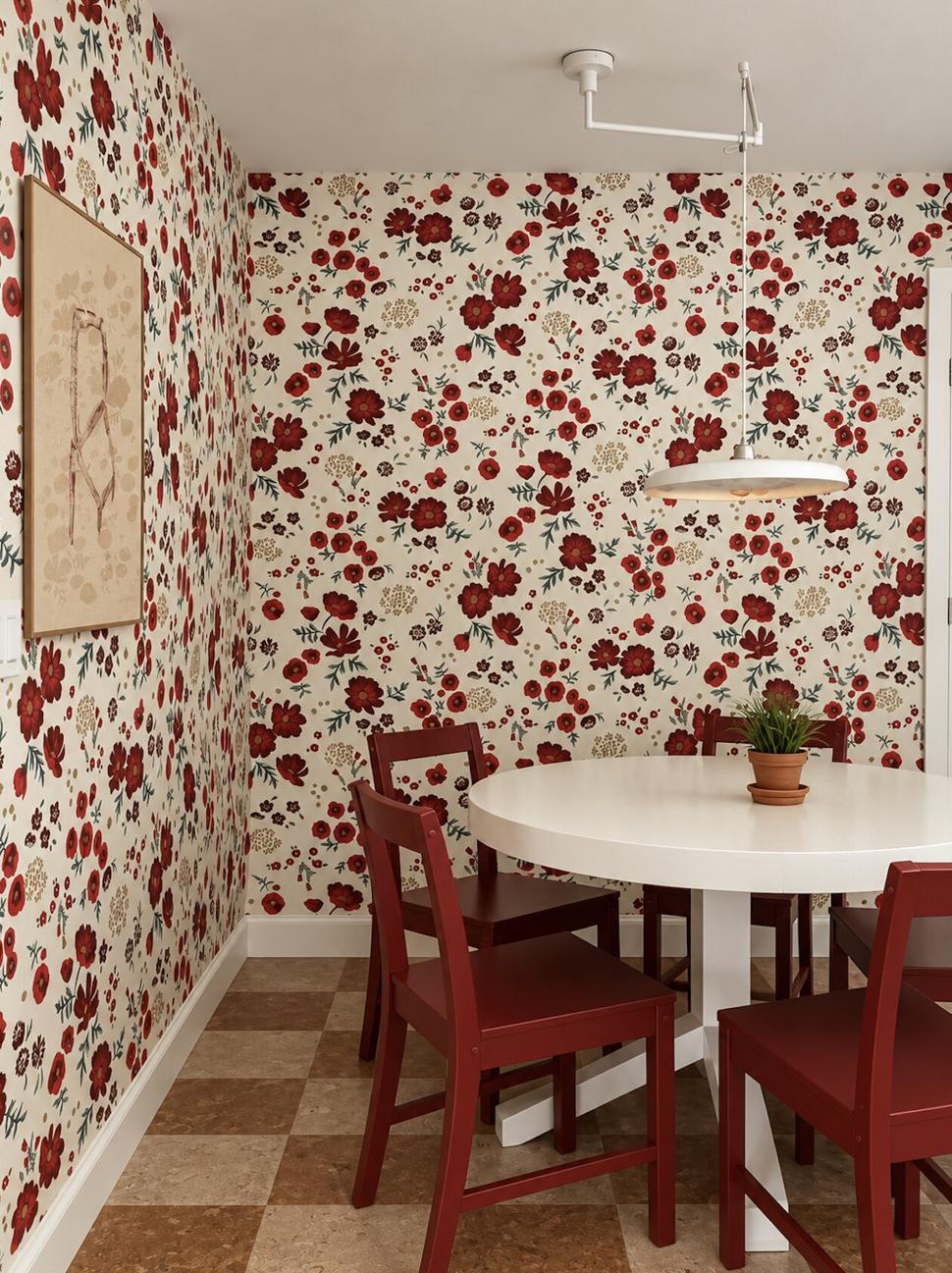 Ranch & Barn — breakfast nook papered in red florals, with a round white table, red painted chairs and a checkerboard floor