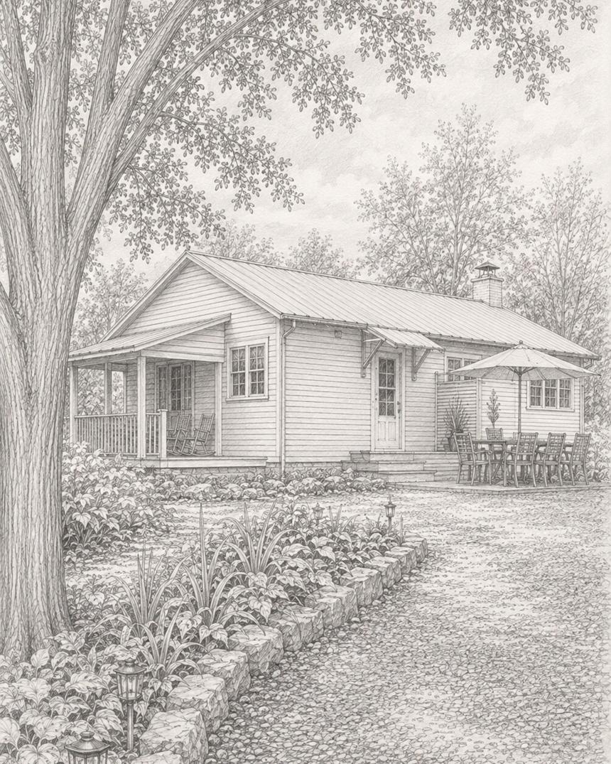 Ranch & Barn — graphite drawing of the house from the gravel drive of a Western Catskills, New York residence by SMS Interiors