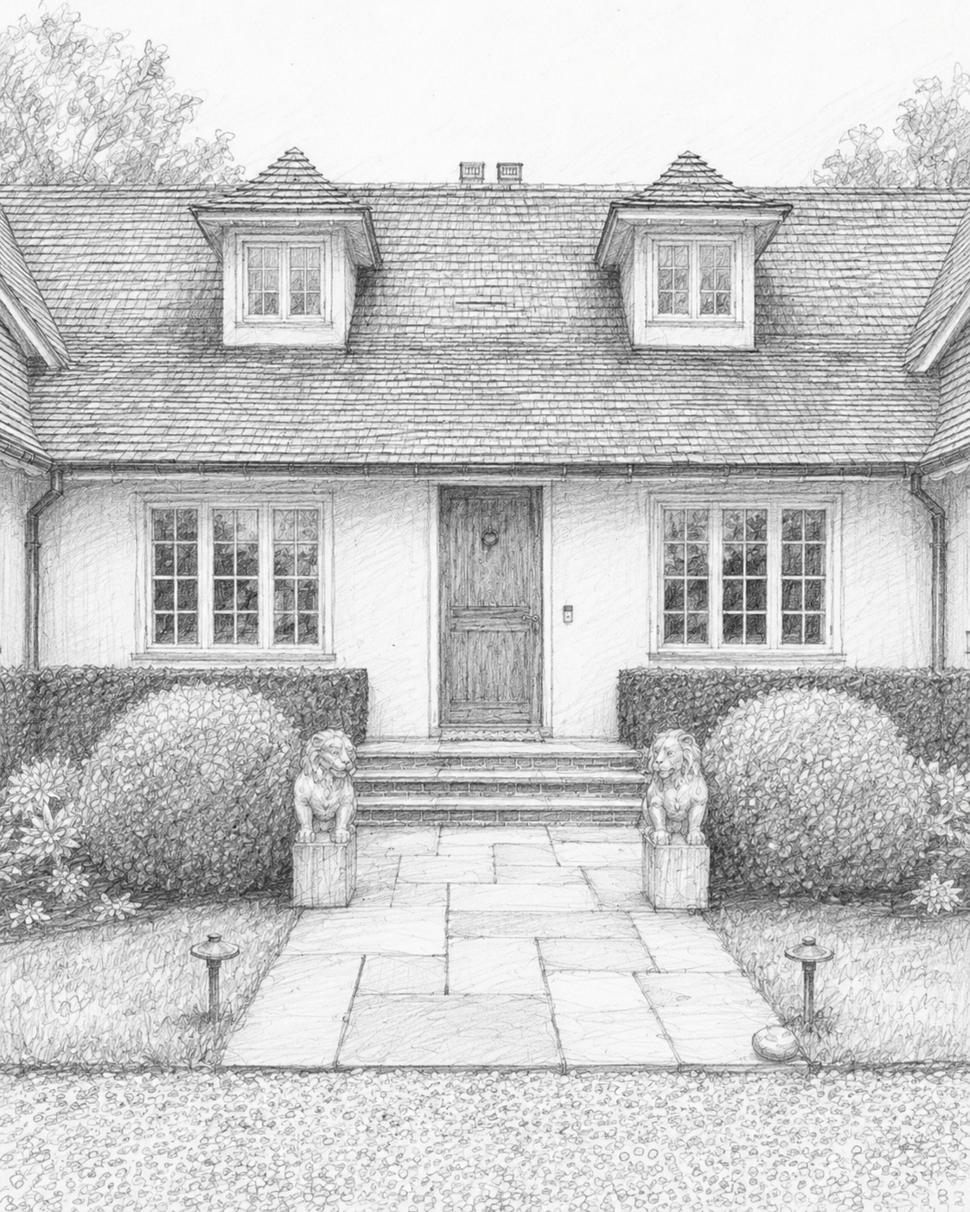Tudor, East Hampton — graphite elevation of the entrance front, with paired dormers, leaded casements, clipped hedges and a pair of stone lions flanking the bluestone walk
