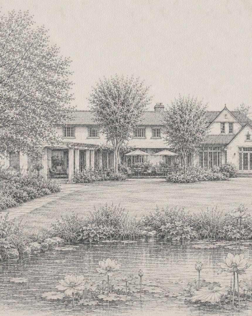 Tudor — graphite drawing of the garden front seen across the lily pond of an East Hampton, New York residence by SMS Interiors