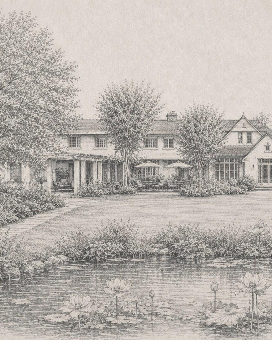 Tudor, East Hampton — graphite drawing of the garden front seen across the lily pond, with a pergola-shaded terrace, umbrellas over a table on the paving, deep planted borders and water lilies in the foreground