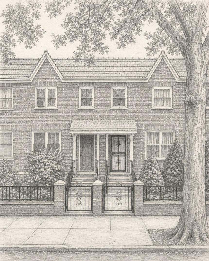 1930s Row House — graphite drawing of the brick entrance front, paired doorways beneath a shingled canopy and gabled dormers of a Queens, New York row house under construction by SMS Interiors