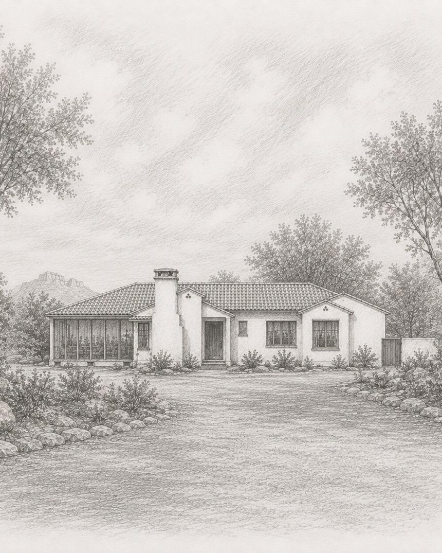 Desert Wabi-Sabi — graphite drawing of a single-storey stucco house with a clay-tile roof, glazed sunroom and recessed plank door, set among desert planting and rock below a distant butte, under construction in Sedona, Arizona, by SMS Interiors