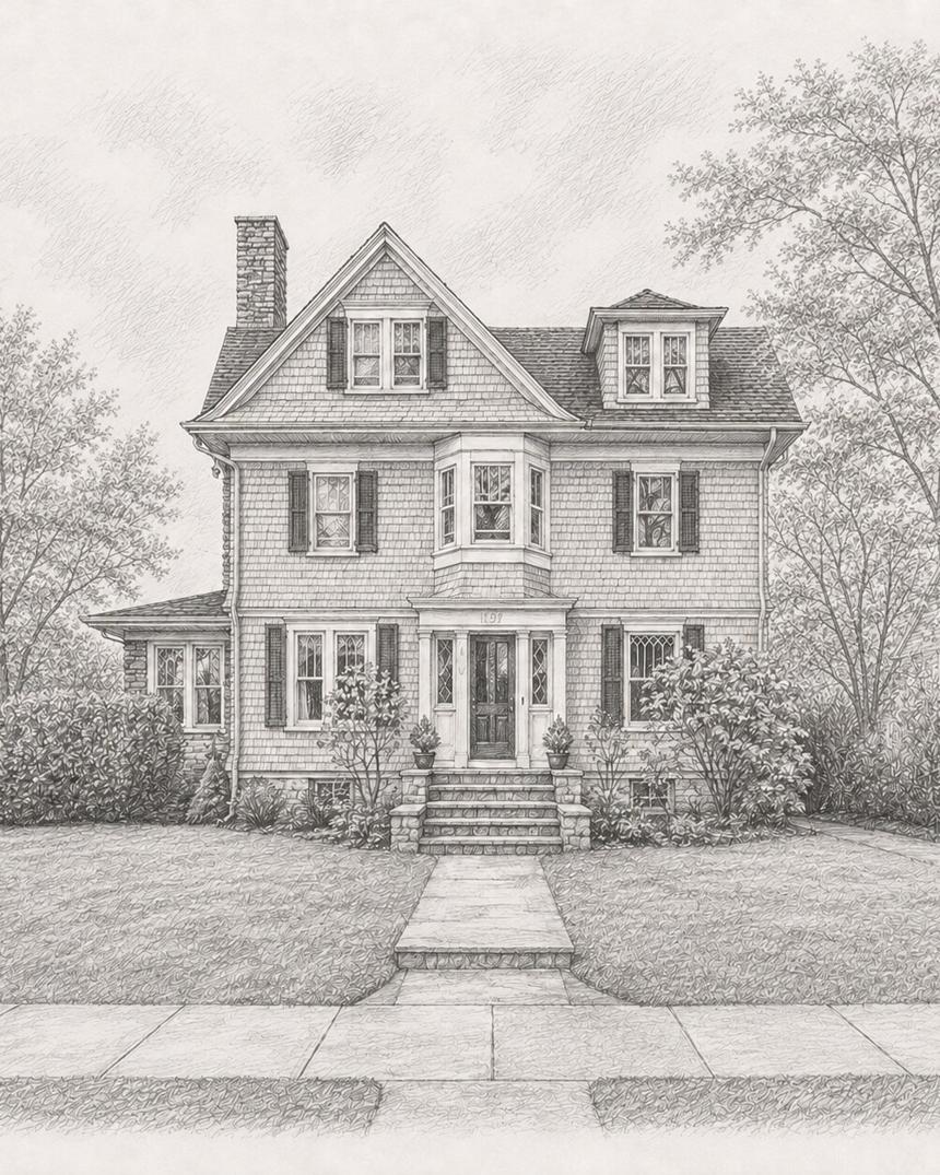 Victorian — graphite drawing of the shingled entrance front, bay window and gabled dormers of a Pelham Manor, New York residence under construction by SMS Interiors
